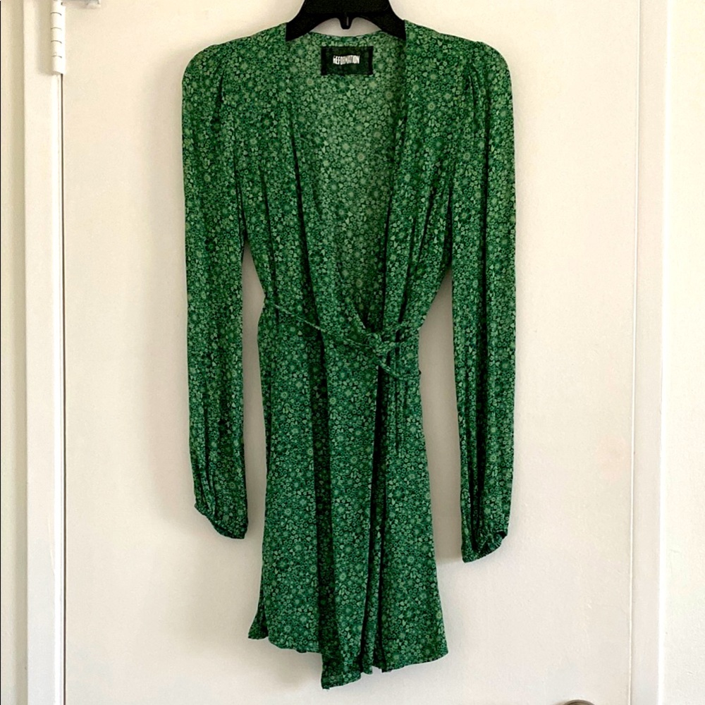 Reformation Mini Green Floral Wrap Dress, Size XS